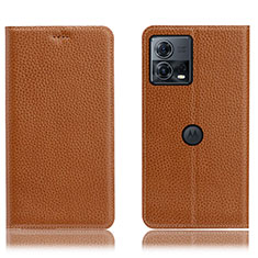 Leather Case Stands Flip Cover Holder H02P for Motorola Moto S30 Pro 5G Light Brown