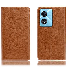 Leather Case Stands Flip Cover Holder H02P for Oppo A18 Light Brown