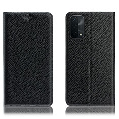 Leather Case Stands Flip Cover Holder H02P for Oppo A54 5G Black