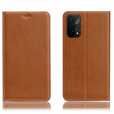 Leather Case Stands Flip Cover Holder H02P for Oppo A54 5G Light Brown