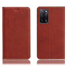 Leather Case Stands Flip Cover Holder H02P for Oppo A55 5G Brown