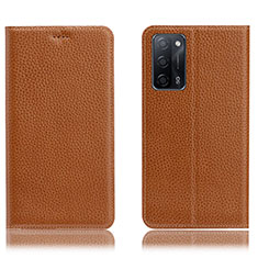 Leather Case Stands Flip Cover Holder H02P for Oppo A56 5G Light Brown