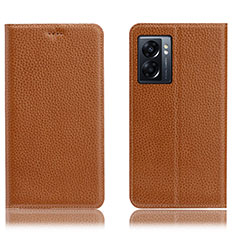 Leather Case Stands Flip Cover Holder H02P for Oppo A77 5G Light Brown