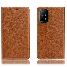 Leather Case Stands Flip Cover Holder H02P for Oppo A94 5G Light Brown