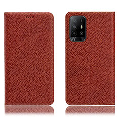 Leather Case Stands Flip Cover Holder H02P for Oppo A95 5G Brown