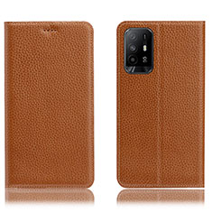 Leather Case Stands Flip Cover Holder H02P for Oppo F19 Pro+ Plus 5G Light Brown