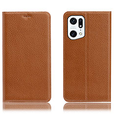 Leather Case Stands Flip Cover Holder H02P for Oppo Find X5 Pro 5G Light Brown