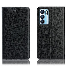Leather Case Stands Flip Cover Holder H02P for Oppo Reno6 5G Black