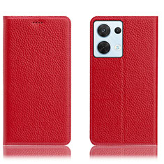 Leather Case Stands Flip Cover Holder H02P for Oppo Reno9 5G Red