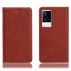 Leather Case Stands Flip Cover Holder H02P for Vivo iQOO 8 5G Brown