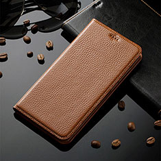Leather Case Stands Flip Cover Holder H02P for Vivo iQOO U3 5G Light Brown