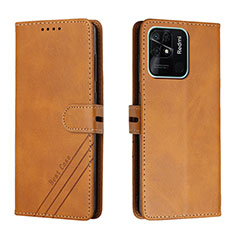 Leather Case Stands Flip Cover Holder H02X for Xiaomi Redmi 10 India Light Brown