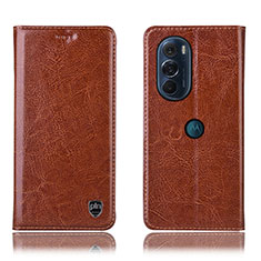Leather Case Stands Flip Cover Holder H04P for Motorola Moto Edge Plus (2022) 5G Light Brown