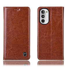 Leather Case Stands Flip Cover Holder H04P for Motorola Moto G71s 5G Light Brown