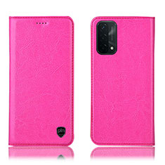 Leather Case Stands Flip Cover Holder H04P for Oppo A54 5G Hot Pink