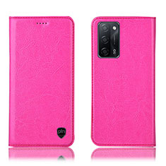 Leather Case Stands Flip Cover Holder H04P for Oppo A55 5G Hot Pink