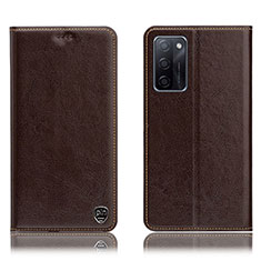 Leather Case Stands Flip Cover Holder H04P for Oppo A55S 5G Brown