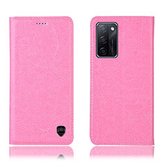 Leather Case Stands Flip Cover Holder H04P for Oppo A55S 5G Pink