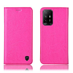 Leather Case Stands Flip Cover Holder H04P for Oppo A95 5G Hot Pink