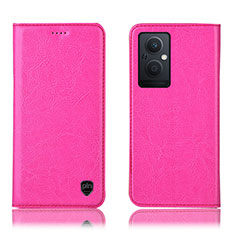 Leather Case Stands Flip Cover Holder H04P for Oppo A96 5G Hot Pink