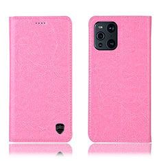 Leather Case Stands Flip Cover Holder H04P for Oppo Find X3 5G Pink