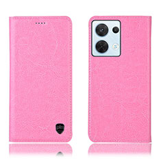 Leather Case Stands Flip Cover Holder H04P for Oppo Reno9 Pro 5G Pink