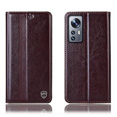 Leather Case Stands Flip Cover Holder H04P for Xiaomi Mi 12 5G Brown