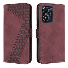 Leather Case Stands Flip Cover Holder H04X for Vivo Y02S Red Wine