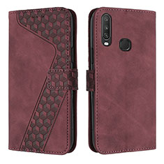 Leather Case Stands Flip Cover Holder H04X for Vivo Y12 Red Wine