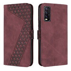 Leather Case Stands Flip Cover Holder H04X for Vivo Y12A Red Wine