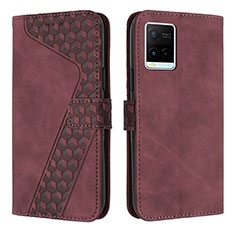 Leather Case Stands Flip Cover Holder H04X for Vivo Y21e Red Wine