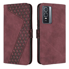 Leather Case Stands Flip Cover Holder H04X for Vivo Y74s 5G Red Wine