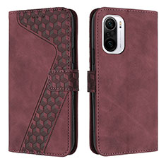 Leather Case Stands Flip Cover Holder H04X for Xiaomi Redmi K40 5G Red Wine