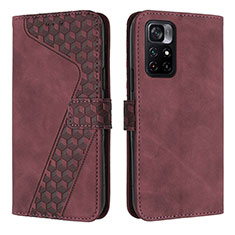 Leather Case Stands Flip Cover Holder H04X for Xiaomi Redmi Note 11T 5G Red Wine