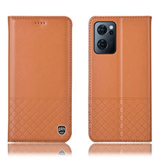 Leather Case Stands Flip Cover Holder H07P for Oppo Reno7 5G Orange