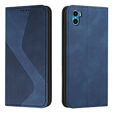 Leather Case Stands Flip Cover Holder H07X for Motorola Moto E22S Blue