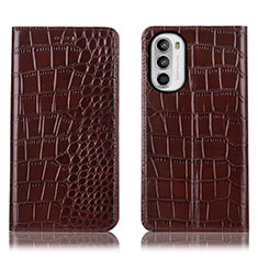 Leather Case Stands Flip Cover Holder H08P for Motorola Moto Edge (2022) 5G Brown