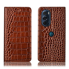 Leather Case Stands Flip Cover Holder H08P for Motorola Moto Edge Plus (2022) 5G Light Brown