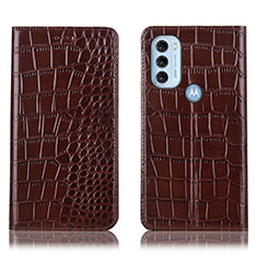 Leather Case Stands Flip Cover Holder H08P for Motorola Moto G71 5G Brown