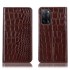 Leather Case Stands Flip Cover Holder H08P for Oppo A55 5G Brown
