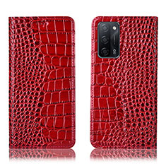 Leather Case Stands Flip Cover Holder H08P for Oppo A55 5G Red