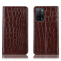 Leather Case Stands Flip Cover Holder H08P for Oppo A56 5G Brown