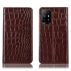 Leather Case Stands Flip Cover Holder H08P for Oppo A94 5G Brown