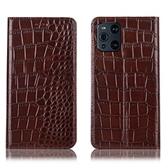 Leather Case Stands Flip Cover Holder H08P for Oppo Find X3 Pro 5G Brown