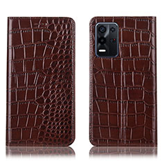 Leather Case Stands Flip Cover Holder H08P for Oppo K9X 5G Brown