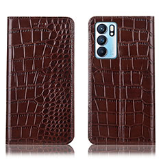 Leather Case Stands Flip Cover Holder H08P for Oppo Reno6 5G Brown