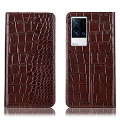 Leather Case Stands Flip Cover Holder H08P for Vivo iQOO 8 Pro 5G Brown