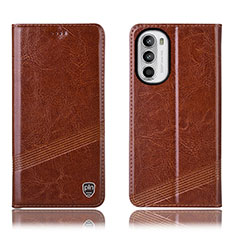 Leather Case Stands Flip Cover Holder H09P for Motorola Moto G71s 5G Light Brown