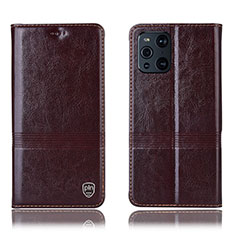 Leather Case Stands Flip Cover Holder H09P for Oppo Find X3 5G Brown