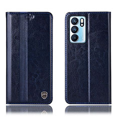 Leather Case Stands Flip Cover Holder H09P for Oppo Reno6 5G Blue